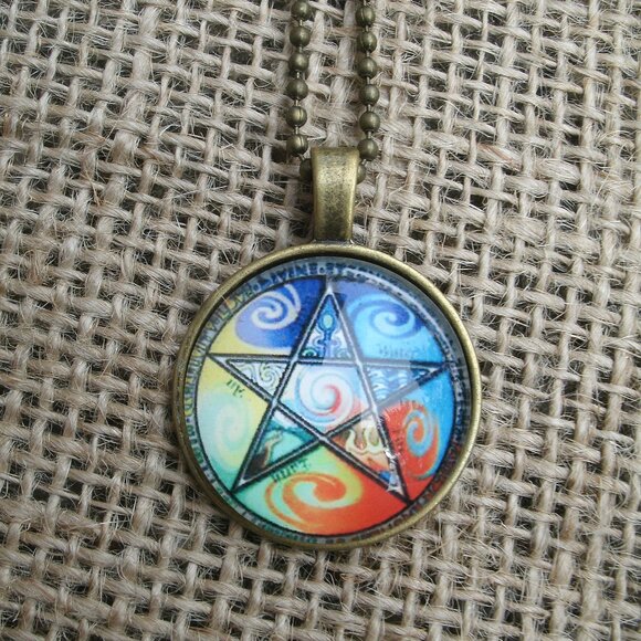 Multi-color Pentacle Glass Cabochon Pendant Necklace - Picture 1 of 12